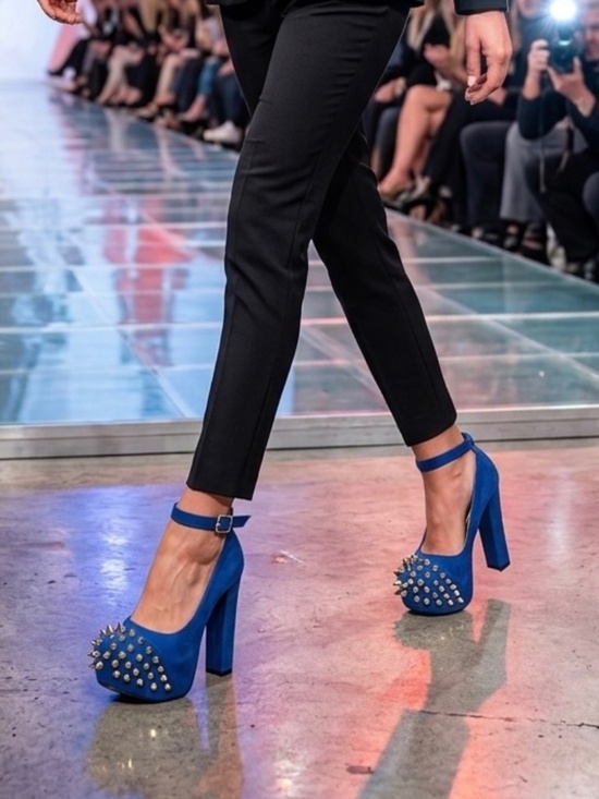 Wild Pair Shoes - Wild Pair Blue Suede Spike Platform Heels with Ankle Strap